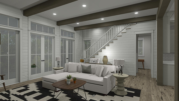Loblolly Cottage 3D Rendering Living Room and Staircase