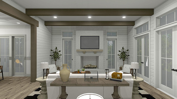 Loblolly Cottage 3D Rendering Living Room Fireplace