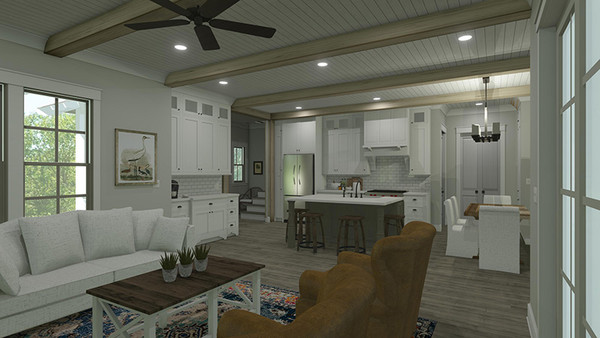 Evergreen Cottage 3D Rendering Living Room to Entry