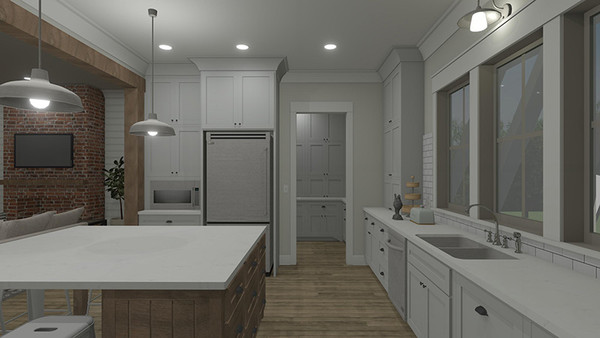 Alder Cottage 3D Rendering Kitchen toward Pantry